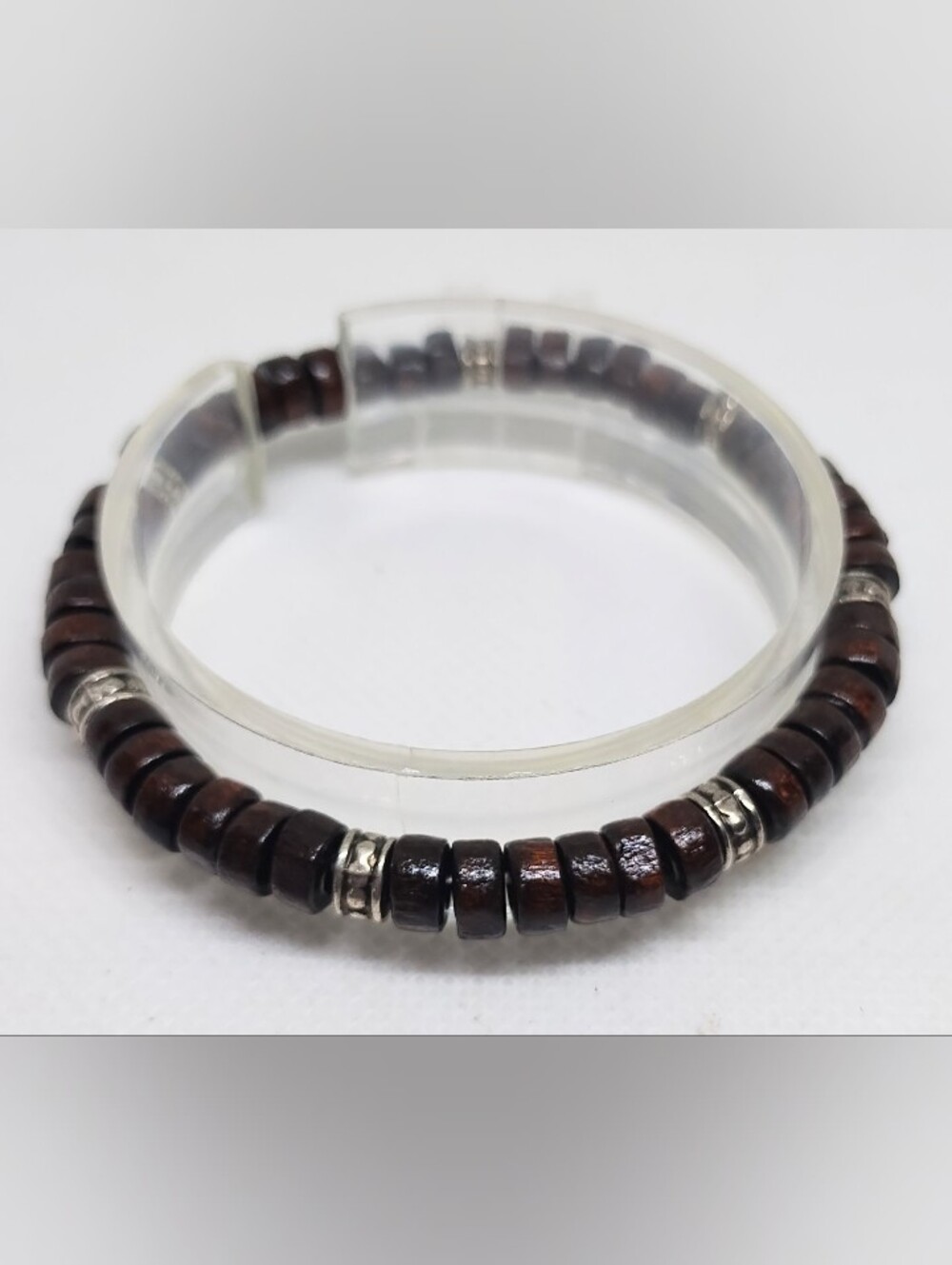 Men's Brown Beaded Bracelet with Silver Accents New G31